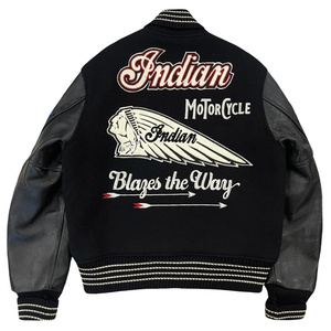 Chaqueta Varsity Negra de Lana para Hombre con Mangas de Cuero, Parches AMA Bordados, Estilo Motero, Cuello Camisero, Corte Regular - Product Image 2