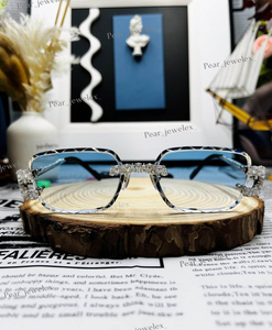 Iced Out Full Rim Rectangle Sunglasses With Moissanite Accents Unique Cut Lenses Unisex Adult Fashion Accessories Luxury <b>Eyewear</b> - Product Image 2