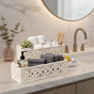 Panier de rangement en macramé fait main en corde de coton tressée, écologique, empilable, organisateur de décoration pour salon, chambre et buanderie - Product Image 2