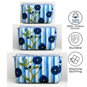 Striped Blue Floral Quilted Cotton Eco-Friendly Large Capacity Handcrafted Cosmetic Bag Set 3 Storage Gifting Travel All Season - Product Image 3