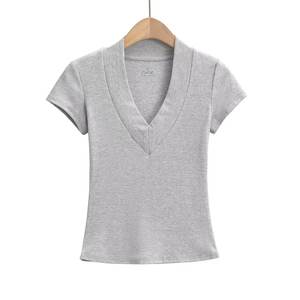 Women's V-Neck Short Sleeve Slim Fit <b>Woolen</b> Logo Print Patchwork T-Shirt Solid Color Casual Breathable Regular Length All - Product Image 3