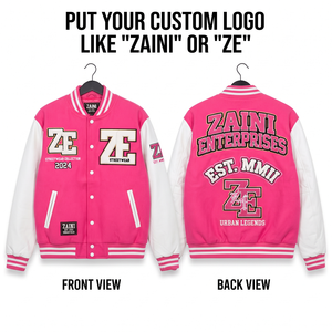 ZAINI 400 GSM Premium Cotton Polyester Windproof Varsity <b>Jacket</b> Front Pink Body <b>White</b> Sleeves Rib Knit Panel Custom Chenille - Product Image 1