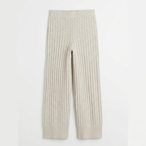 Pantalon droit en tricot côtelé pour femme, coupe ample, longueur intégrale, décontracté, uni, beige - Product Image 1