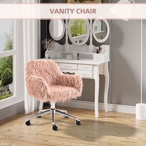 Chaise de coiffeuse pivotante à hauteur réglable Chaise de bureau en fausse fourrure avec roues pour bureau ou chambre à coucher-Disponible en rose - Product Image 6
