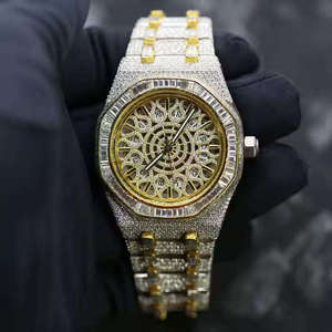 Montre de luxe HIP HOP en moissanite, verre acier inoxydable, squelette bicolore, entièrement sertie, analogique, mécanique, date automatique, étanche 10 bars - Product Image 2