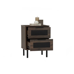 Modern Nordic Walnut Finish 2 Nighstand Drawer Narrow <b>Side</b> <b>Table</b> with Rattan Design and Sturdy Metal Legs for Bedroom and Home - Product Image 4