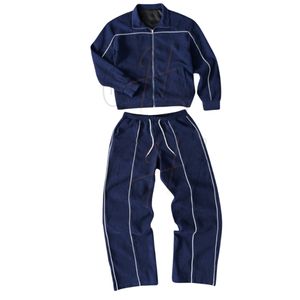 Ensemble de survêtement pour homme personnalisé avec logo, léger, respirant, en coton, coupe ample, deux pièces, veste à fermeture éclair marine, pantalon de survêtement à jambes larges - Product Image 2