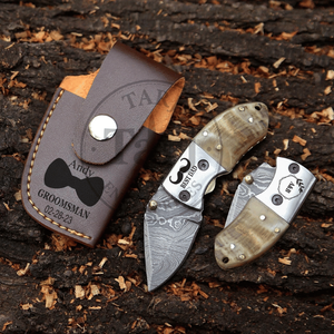 Premium Stainless Damascus Folding Knife Ram Horn Handle Outdoor Hunting <b>Small</b> Pocket Handmade EDC Utility Knife Drop Point - Product Image 3
