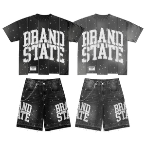 Conjunto de Camiseta Gráfica Oversize y Pantalones Cortos para Hombre 2026, Estilo Urbano, 2 Piezas, Estampado de Estrellas Vintage, Pantalones Cortos de Mezclilla Casuales, Conjunto Hip Hop - Product Image 4