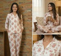 Ensemble de pyjama pour femme en coton tissé thermique imprimé à la main, respirant, doux, à séchage rapide, réversible, col en V, manches longues, traditionnel