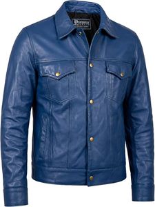 เสื้อแจ็คเก็ตหนัง PU สีน้ำเงินสำหรับผู้ชาย แบรนด์ Desire ปกคอพับ ติดกระดุม สวมใส่สบายๆ ในฤดูใบไม้ร่วง ความยาวปกติ สีพื้น - Product Image 4