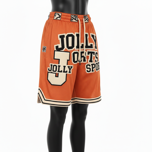 Pantalones Cortos de Baloncesto de Malla de Poliéster Premium de 160 GSM, Color Naranja, con Apliques de Chenille, Logotipo Personalizado y Bajo con Rayas - Product Image 4