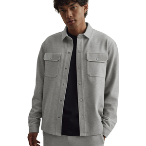 Grey Jersey Twill Popper Shacket <b>Mens</b> Casual Button Front <b>Long</b> Sleeve Shirt Jacket Double Chest Pockets Modern Outerwear Fit New - Product Image 1