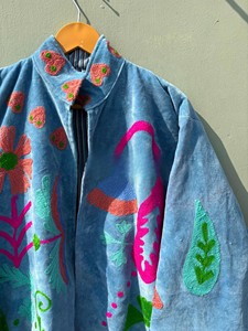 Handcrafted Luxurious Ice Blue Velvet <b>Jacket</b> for Women Suzani Hand Embroidery Floral Patchwork Winter Coat Short Kimono <b>Jacket</b> - Product Image 4