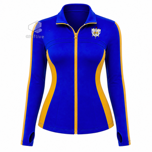 ชุดออกกำลังกายสีน้ำเงินสำหรับผู้หญิง Sigma Gamma Rho พร้อมแถบข้างสีทองตัดกัน เสื้อแจ็คเก็ตซิปเต็มตัว กางเกงเลกกิ้งเอวสูง ชุดออกกำลังกาย - Product Image 2