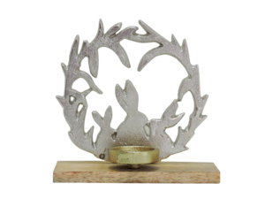 Modern Embroidered Silver Aluminium <b>Easter</b> Bunny and Antler Wreath Candle Holder with Gold <b>Cup</b> and Wooden Base - Product Image 4