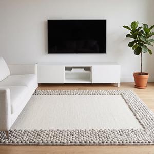 Tapis en boucle moderne antidérapant tissé à la main à poils moyens - Crème ivoire blanc cassé avec bordure grise en laine - Product Image 6