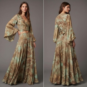 <b>Women</b> Floral Print Chiffon Dress Set V Neck Wrap Top Bell Sleeve <b>Maxi</b> A Line <b>Skirt</b> - Product Image 6
