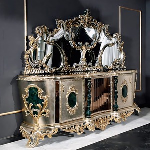 Royal Luxury Solid Teak Wood <b>Console</b> <b>Table</b> Triple Wall Mirror Set <b>Gold</b> Carved Sideboard Cabinet Living Room Buffet Furniture - Product Image 1