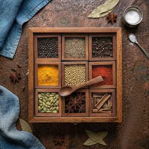 Export Quality Natural Wooden Masala <b>Box</b> with Removable Compartments for Spices <b>Herbs</b> Seasonings Kitchen Use Available For Sale - Product Image 1