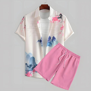 Trajes de Playa de Verano para Hombre, Conjunto Casual de 2 Piezas, Camisa de Manga Corta y Pantalones Cortos, Cintura Elástica Holgada, Tejido Transpirable 100% Poliéster - Product Image 4