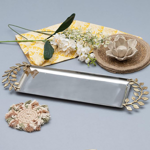 Plateaux rectangulaires en acier inoxydable avec poignée en métal en forme de feuille - Product Image 4