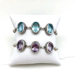 Pulsera Bali de Plata de Ley con Tres Piedras Ovaladas de Amatista y Topacio Azul, Joyería Hecha a Mano con Piedras Preciosas, Regalo para Mujer, Venta al por Mayor - Product Image 1
