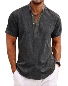 Nueva camiseta de playa informal con cuello Henry para hombre, Camiseta de algodón 100% de alta calidad, manga corta, estilo callejero de Color sólido teñido con lazo - Product Image 5