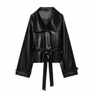 Veste en cuir PU noir pour femme avec ceinture à la taille, col rabattu, coupe ample, longueur courte, style décontracté, veste en cuir pour l'automne - Product Image 4