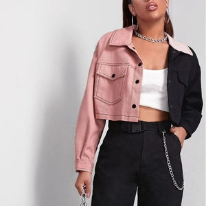2026 New Design Two Tone Color Women's Wear <b>Denim</b> <b>Jackets</b> 100% Cotton Fabric <b>Cropped</b> Style Long Sleeve Button Up Jeans <b>Jackets</b> - Product Image 4