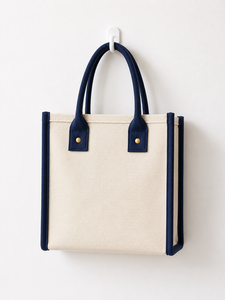 Canvas Tote <b>Bag</b> Cream Orange Trim Structured Handle Shopping <b>Bag</b> <b>Medium</b> <b>Size</b> Daily Use - Product Image 3