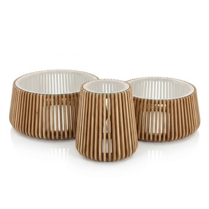 Mesa de centro de lujo de estilo nórdico minimalista, redonda, de vidrio y madera, con tapa de vidrio personalizable y base geométrica de madera. - Product Image 3