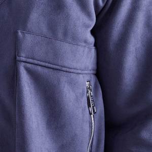 Chaqueta Bomber de Gamuza Azul Marino para Hombre con Cierre de Cremallera, Cuello Camisero, Estilo Casual para Otoño, Corte Regular, Color Sólido - Product Image 6