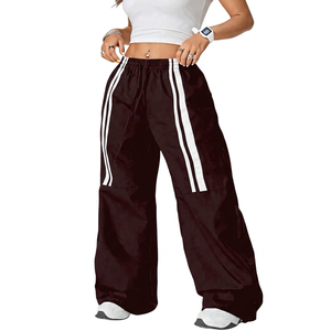Pink Satin Wide Leg Pants High <b>Waist</b> <b>Elastic</b> <b>Waist</b> Sporty Style Full Length Loose Fit Solid Color Side Stripe Women's <b>Trousers</b> - Product Image 2