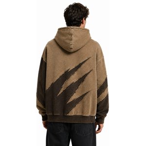 Sweat-shirt à capuche vintage délavé pour homme, avec manches patchwork, col côtelé, idéal pour le streetwear décontracté - Product Image 4