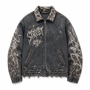 Custom Vintage Washed Denim <b>Jacket</b> Men Distressed Leopard Collar Embroidered Graphic Ripped Hem Full Zip Y2K <b>Punk</b> Streetwear - Product Image 1