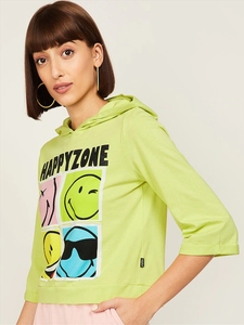 Sudadera con Capucha Verde Lima para Mujer, Estampado de Dibujos Animados Happy Zone, Talla Grande, Manga Tres Cuartos, 100% Algodón Tejido, Estilo Veraniego - Product Image 5