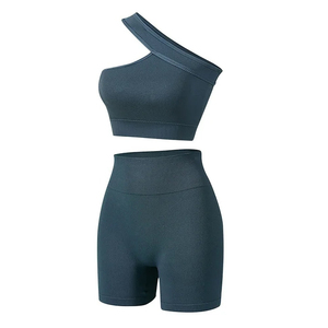 Ensemble de sport asymétrique à une épaule, soutien-gorge et short taille haute, couleur unie, extensible dans quatre directions, en Spandex et Polyester, pour Yoga et Entraînement, 2 pièces - Product Image 1