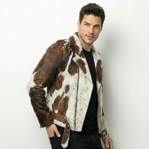 Unisex Cowhide Leather Biker <b>Jacket</b> Brown White Moto Coat with Belt and Zipper Front Pocket <b>Winter</b> Wear <b>Waterproof</b> - Product Image 5