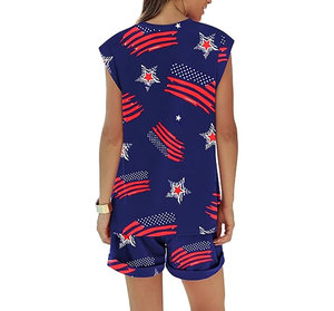 Conjunto de pantalones cortos de 2 piezas para mujer, sin mangas, con cuello redondo, estampado de estrellas y rayas, informal, holgado, traje de verano con bolsillo - Product Image 5