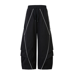 2026 Men's Black Capri <b>Pants</b> Elastic Waist Drawstring Casual Wide Leg With White Side Stripe Lightweight Breathable <b>Summer</b> Wear - Product Image 1