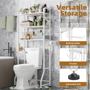 Scaffale Organizzatore da Bagno a 3 Livelli Autoportante con Portarotolo e Ganci, Bianco - Product Image 3