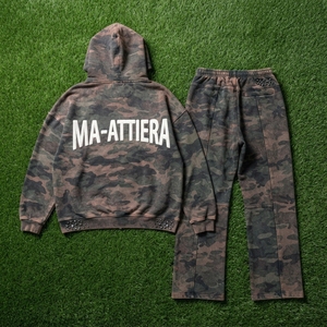Men Rust Black <b>Camouflage</b> Pullover Hoodie <b>Tracksuit</b> Set Oversized Loose Fit Panel Streetwear Custom OEM ODM Wholesale - Product Image 4