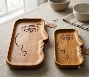 Juego de bandejas cuadradas de madera con diseño artístico de rostro humano y patrón horizontal, decoración multifuncional para el hogar - Product Image 6