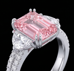 Anillo de compromiso y anillo llamativo para mujer con esmeralda rosa de corte elegante y diamante cultivado en laboratorio con engaste de garra - Product Image 3