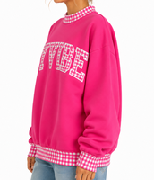 Pull-over col montant pour femme en molleton bouclette, avec broderie personnalisée et applique à pois, style universitaire preppy pour les jours de match, vente en gros