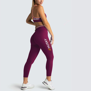 HUSKY Women's Ribbed Sports <b>Bra</b> & Leggings Set <b>Blue</b> Seamless Fitness Wear Breathable Racerback Scoop Neck Medium Support - Product Image 2