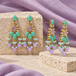 Pendientes Colgantes con Piedras Verde Menta y Lila Chapados en Oro con Cuentas Pastel, Joyería de Moda al por Mayor de Fábrica - Product Image 3