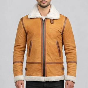 <b>Mens</b> <b>Light</b> Brown Genuine Leather Waterproof Winter Streetwear Shearling <b>Jacket</b> - Brown Shearling <b>Jacket</b> Leather - Product Image 1