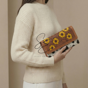 Portefeuille long pour femme en cuir véritable de vache à poils, sculpté à la main motif tournesol, style vintage floral, pochette de cowgirl, OEM - Product Image 4